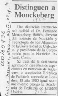 Distinguen a Monckeberg  [artículo].