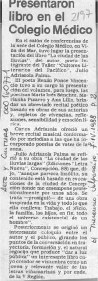 Presentaron libro en el Colegio Médico  [artículo].