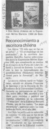 Reconocimiento a escritora chilena  [artículo].
