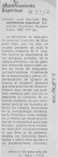 Discernimiento espiritual  [artículo] Renato Hevia.