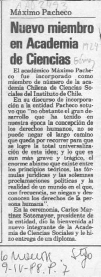 Nuevo miembro en Academia de Ciencias