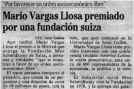 Mario Vargas Llosa premiado por una fundación suiza