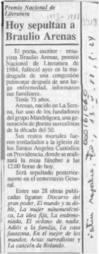 Hoy sepultan a Braulio Arenas  [artículo].