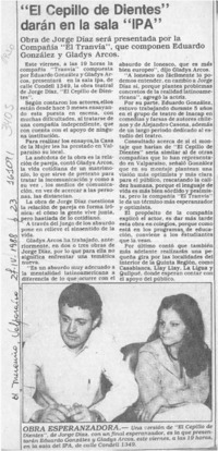 "El Cepillo de dientes" darán en la sala "IPA"  [artículo].