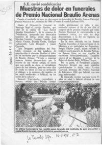 Muestras de dolor en funerales del Premio Nacional Braulio Arenas  [artículo].