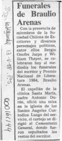 Funerales de Braulio Arenas  [artículo].