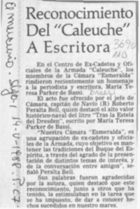 Reconocimiento del "Caleuche" a escritora  [artículo].