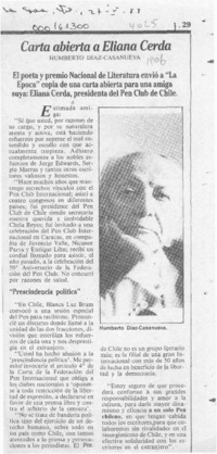 Carta abierta a Eliana Cerda  [artículo] Humberto Díaz-Casanueva.