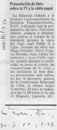 Presentación de libro sobre la TV y la visita papal  [artículo].