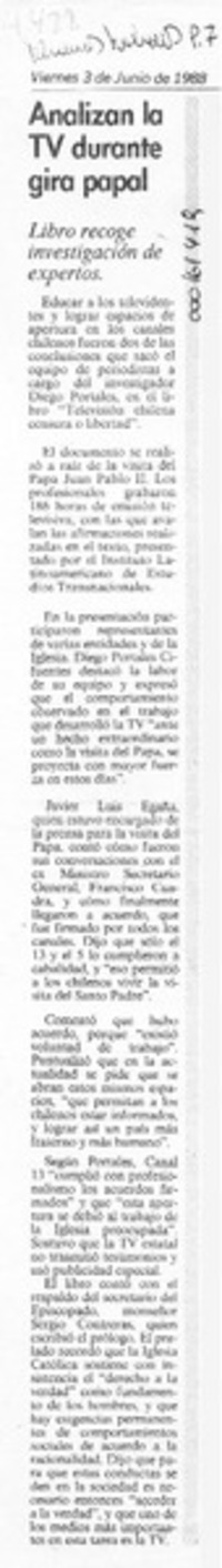 Analizan la TV durante gira papal  [artículo].