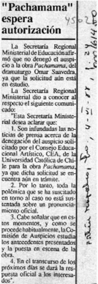 "Pachamama" espera autorización  [artículo].