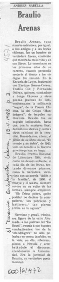 Braulio Arenas  [artículo] Andrés Sabella.