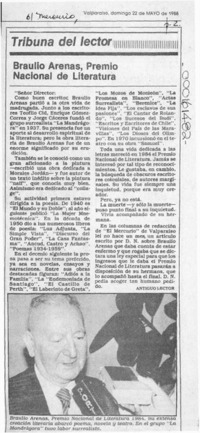 Braulio Arenas, Premio Nacional de Literatura  [artículo] Antiguo lector.