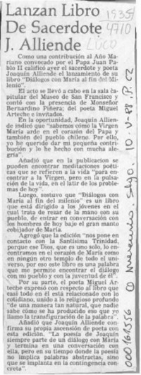 Lanzan libro de sacerdote J. Alliende  [artículo].