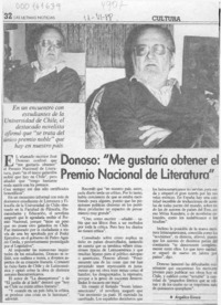 Donoso, "Me gustaría obtener el Premio Nacional de Literatura"  [artículo] Angélica Rivera.