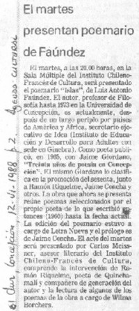 El Martes presentan poemario de Faúndez