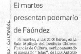 El Martes presentan poemario de Faúndez