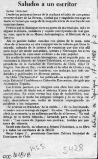 Saludos a un escritor  [artículo] Oscar López C.