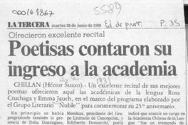 Poetisas contaron su ingreso a la Academia  [artículo] Héctor Suazo.