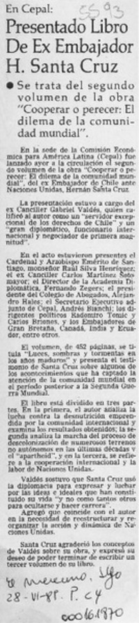 Presentado libro de ex embajador H. Santa Cruz  [artículo].