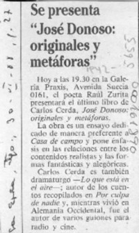 Se presenta "José Donoso, originales y metáforas"  [artículo].