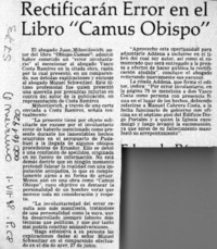 Rectificarán error en el libro "Camus Obispo"  [artículo].