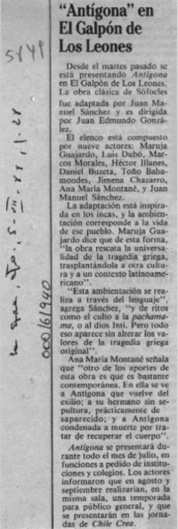 "Antígona" en El Galpón de Los Leones  [artículo].