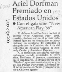 Ariel Dorfman premiado en Estados Unidos  [artículo].