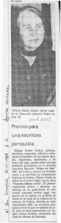 Premio para una escritora penquista  [artículo].