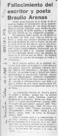 Fallecimiento del escritor y poeta Braulio Arenas  [artículo].