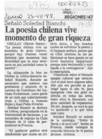 La poesía chilena vive momento de gran riqueza, señaló Soledad Bianchi  [artículo] Héctor Suazo.