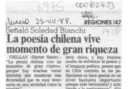 La poesía chilena vive momento de gran riqueza, señaló Soledad Bianchi  [artículo] Héctor Suazo.