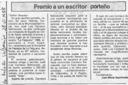 Premio a un escritor porteño  [artículo] Juan Meza Sepúlveda.