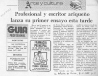 Profesional y escritor ariqueño lanza su primer ensayo esta tarde