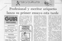 Profesional y escritor ariqueño lanza su primer ensayo esta tarde