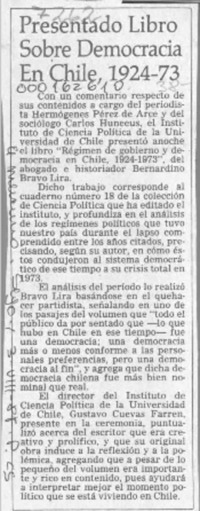 Presentado libro sobre democracia en Chile 1924-73  [artículo].