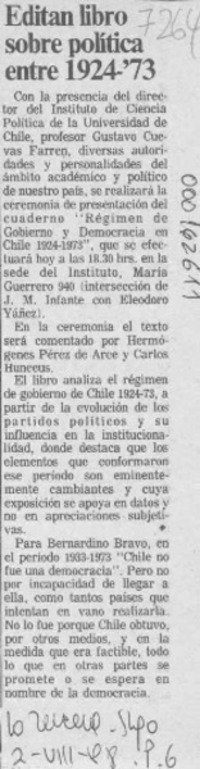 Editan libro sobre política entre 1924-73  [artículo].