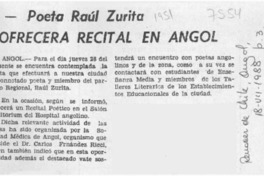 Poeta Raúl Zurita ofrecerá recital en Angol  [artículo].