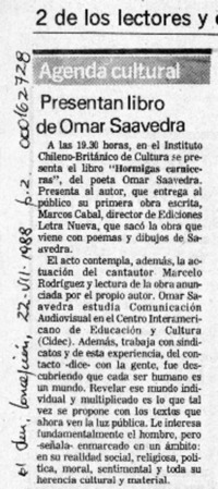 Presentan libro de Omar Saavedra  [artículo].