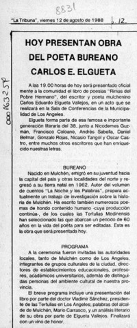 Hoy presentan obra del poeta bureano Carlos E. Elgueta  [artículo].