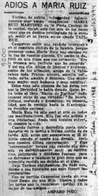 Adiós a María Ruiz  [artículo] Amparo Pozo.