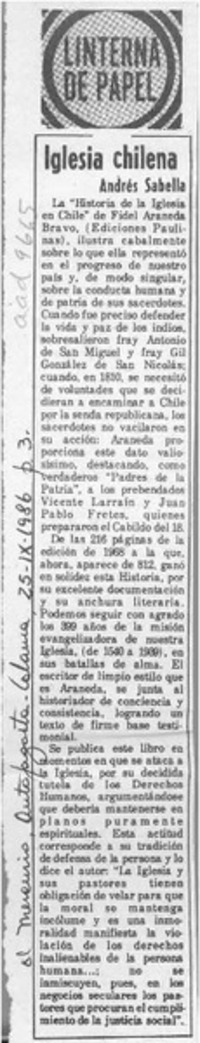 Iglesia chilena  [artículo] Andrés Sabella.