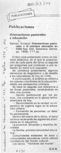 Orientaciones pastorales y el cristiano educador en Chile hoy  [artículo] G. C. N.
