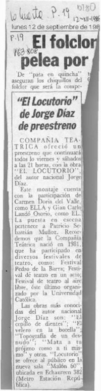 "El locutorio" de Jorge Díaz de preestreno  [artículo].