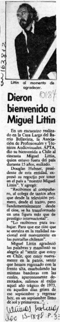 Dieron bienvenida a Miguel Littin  [artículo].