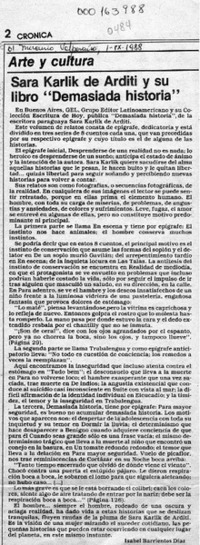 Sara Karlik de Arditi y su libro "Demasiada historia"  [artículo] Isabel Barrientos Díaz.