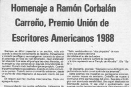 Homenaje a Ramón Corbalán Carreño, Premio Unión de Escritores Americanos 1988  [artículo] Ruth Eliana Merino.