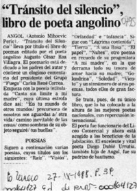 "Tránsito del silencio" libro de poeta angolino  [artículo] Antonio Mihoevic Peric.