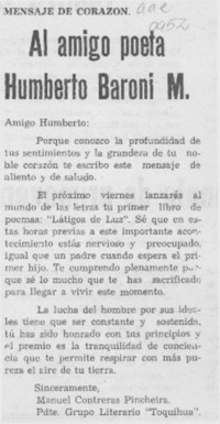 Al amigo poeta Humberto Baroni M.