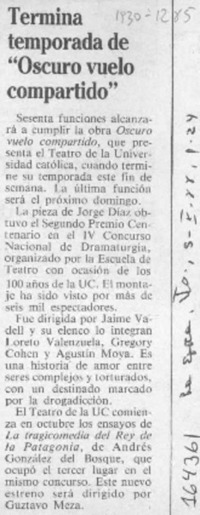 Termina temporada de "Oscuro vuelo compartido"  [artículo].